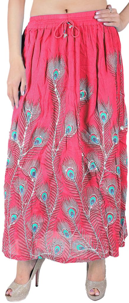 Magenta Long Skirt with Printed Peacock Feather and Embroidered Sequins