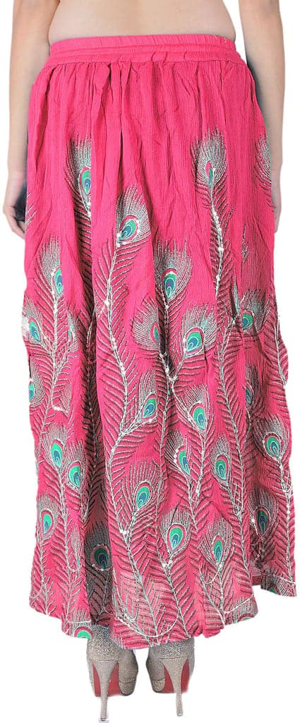 Magenta Long Skirt with Printed Peacock Feather and Embroidered Sequins view 2