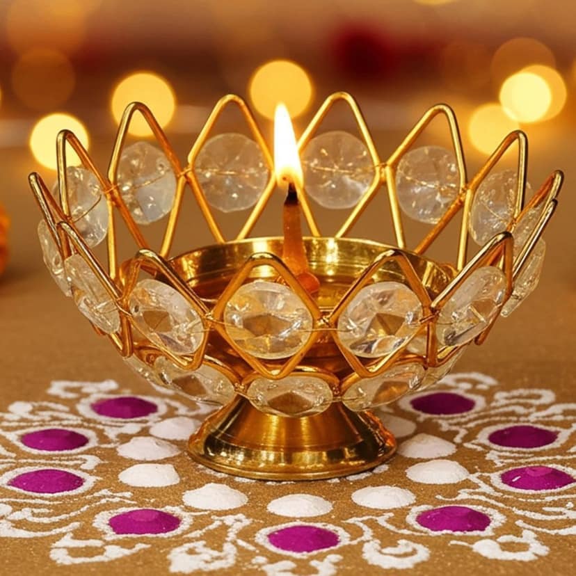 Brass Table Decor Oil Lamp Deepak With Crystal - Designer Deepak for Home D?cor, Height : 2.1 Inch (ZMAS139 C)