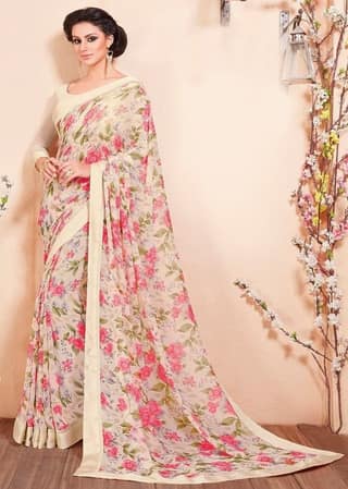 Digital Printed Georgette Saree in Cream