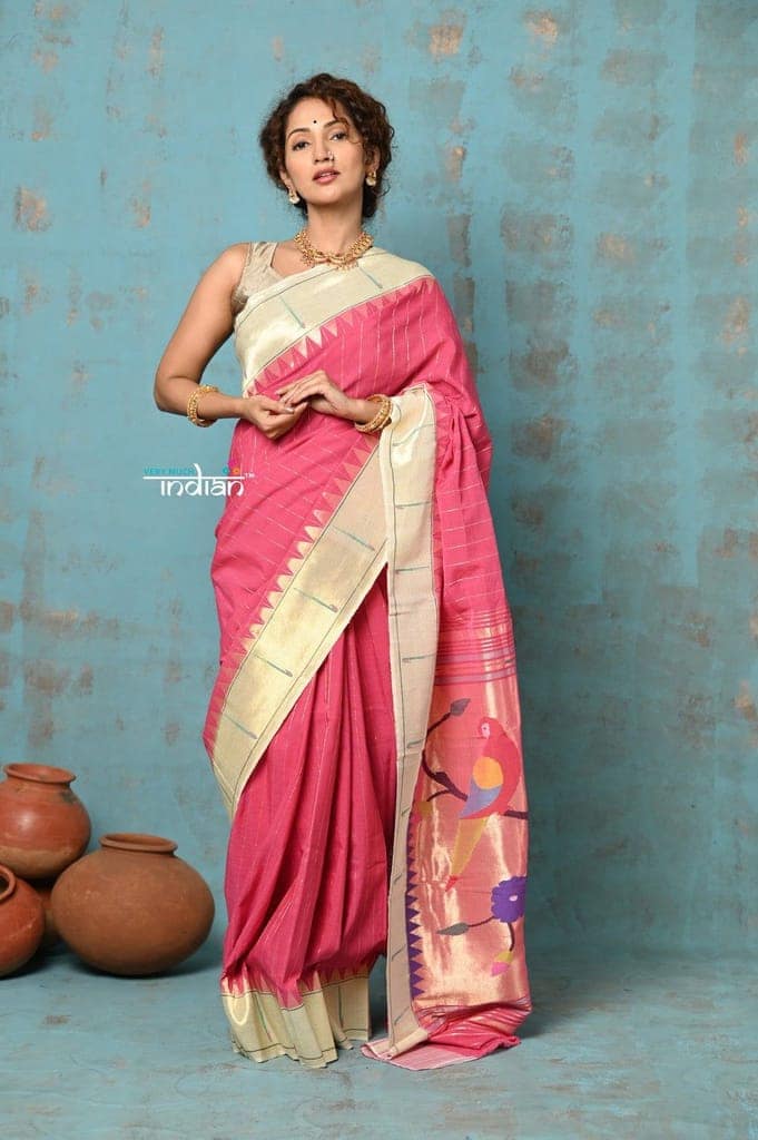 Tyohaar ~ Handloom Pure Cotton Muniya Border Saree With Handcrafted Parrot Pallu in Rose Pink view 2