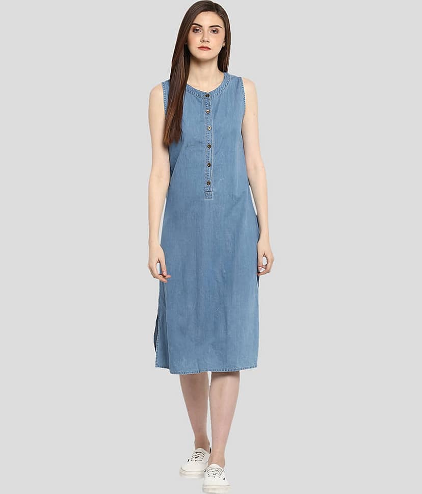StyleStone Women Denim Solid Fit & Flare Dress ( Blue )