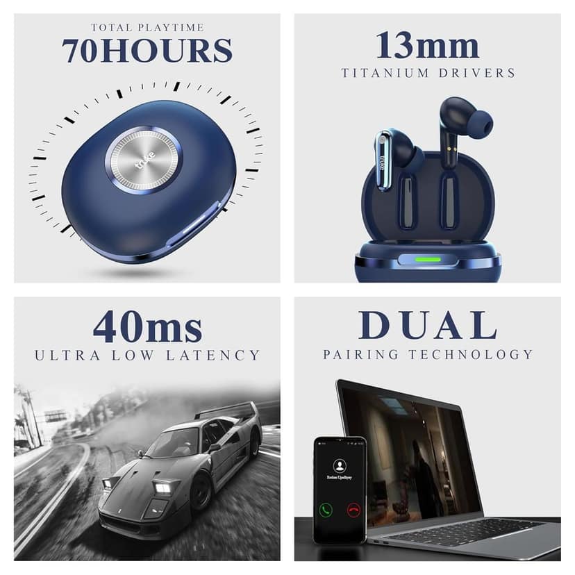 truke New Launch Mega 10 True Wireless in Ear Earbuds W/ 24-Bit Lossless Spatial Audio, 70H Battery Fast Charge Buds (Royal Blue) view 2