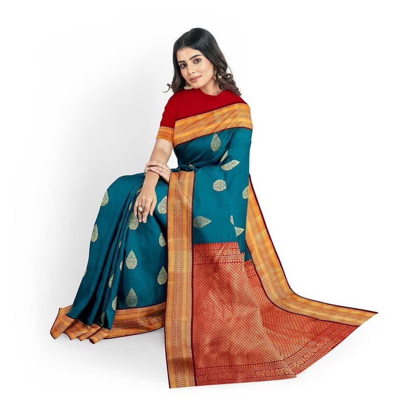 Sea Blue Color Korvai Saree Has Contrast Pallu and Border with Unstitched Blouse view 2