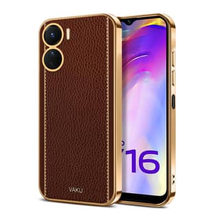Vaku Luxos Luxemberg Back Cover for Vivo Y16 with Leather Pattern Gold Electroplated Soft TPU Cover Shockproof Protective Case - Brown