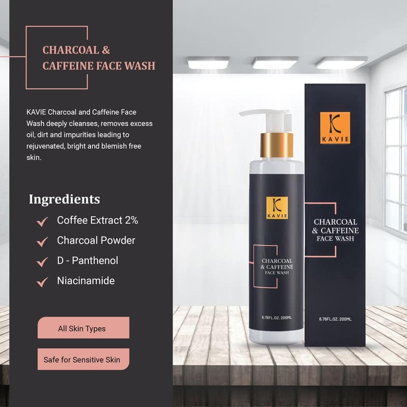 KAVIE Charcoal Caffeine Face Wash with Activted Charcoal , Coffee Extract 2%, Niacinamide, and D-Panthenol - Deep Cleanse, Exfoliates, Hydrates, Improves Skin Tone view 2