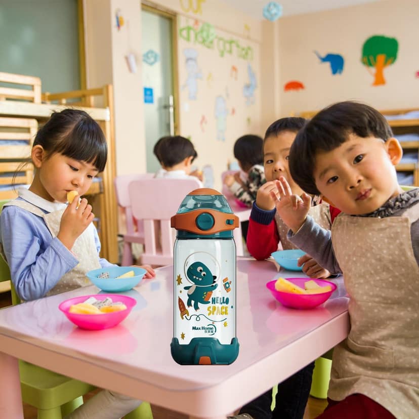 Panchhi Store 650Ml Water Bottle With Straw For Kids Sipper Bottle For Kids One-Click-Open Leak-Proof Locking Flip Lid For School Picnic Travel Home Cartoon Print Bottle Green - Plastic view 2