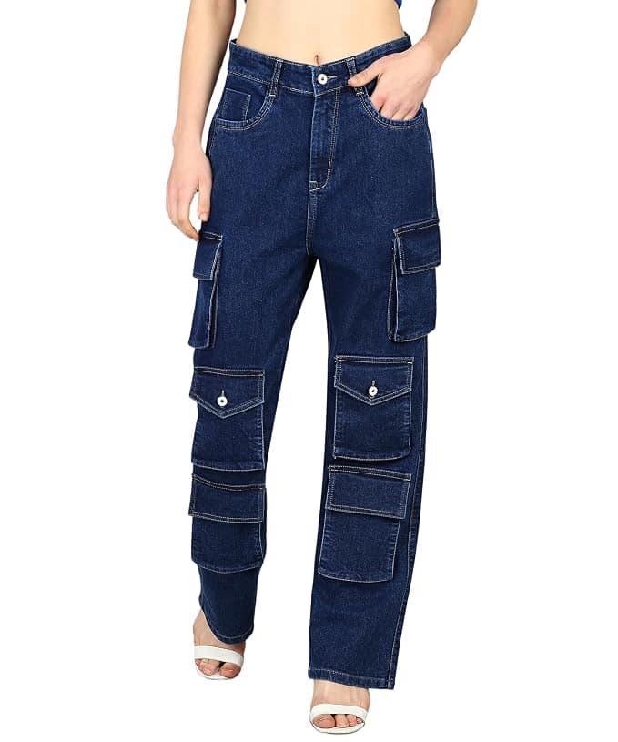 Glossia Fashion Women Cargo Jeans | High Waist Stretchable Loose Straight Fit Denim| Boyfriend Jeans for Women - Dark Blue, 32