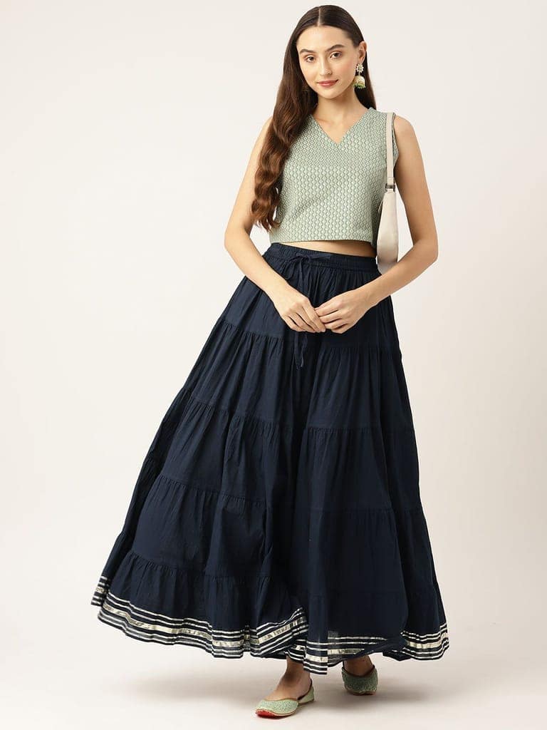 Women Navy Blue Solid Tiered Cotton Gotta Patti Maxi Skirt