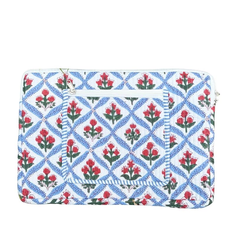 Mughal Meadow Block Print Quilted Cotton Laptop Sleeve With Front Pocket Blue 10"X15" view 2
