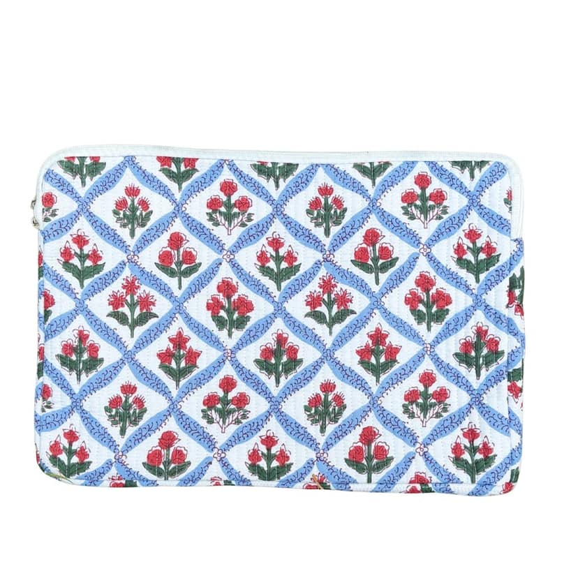 Mughal Meadow Block Print Quilted Cotton Laptop Sleeve With Front Pocket Blue 10"X15" view 3
