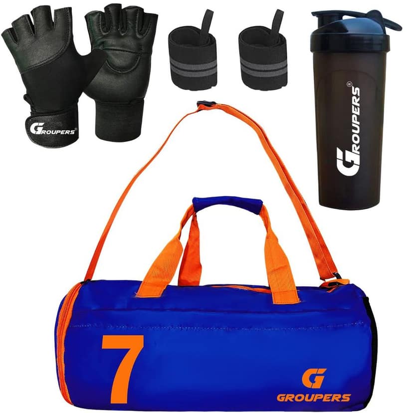 GROUPERS Combo Set of Duffle Polyester Bag with Shaker Bottle-700ml, Gloves & Wrist Band (Blue 07)
