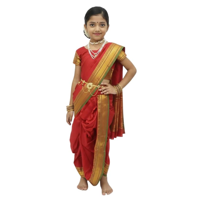 Mom and Me Peshwai Nauwari Saree for Kids (1–10 Years) Ready to Wear Maharashtrian Traditional Dress | Belgaon Silk with Cotton Lining | Stitched Blouse Included (Red, 6-7 Years)