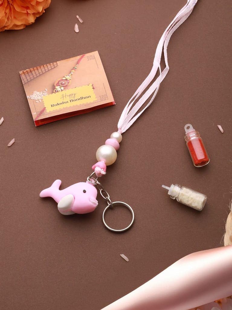 Pink Fish Key Chain Toy Rakhi For Girls With Roli Chawal