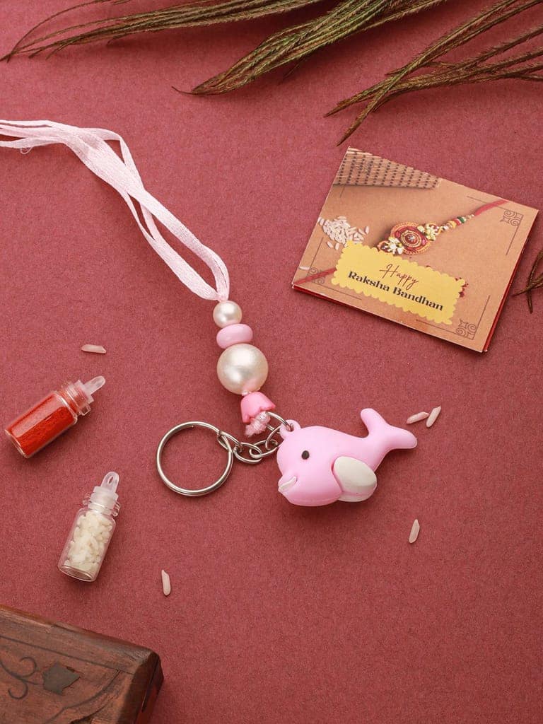 Pink Fish Key Chain Toy Rakhi For Girls With Roli Chawal view 2