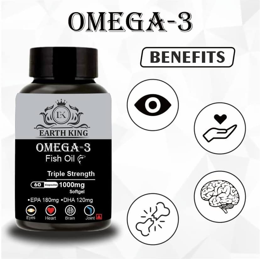 EARTH KING Triple Strength Omega 3 Fish Oil - 1000mg (180 mg EPA & 120 mg DHA) Omega 3 Fish Oil | Fatty Acid | Supports Healthy Heart, Brain, Better Skin, Bones, Joint & Eye Care � 60 Softgel Capsules view 2