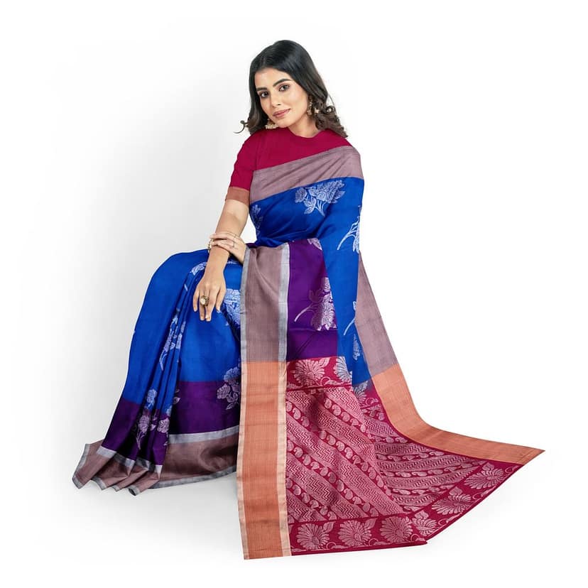 Blue Color Long Border Big Floral Butta Kanjivaram Pure Silk Saree view 2