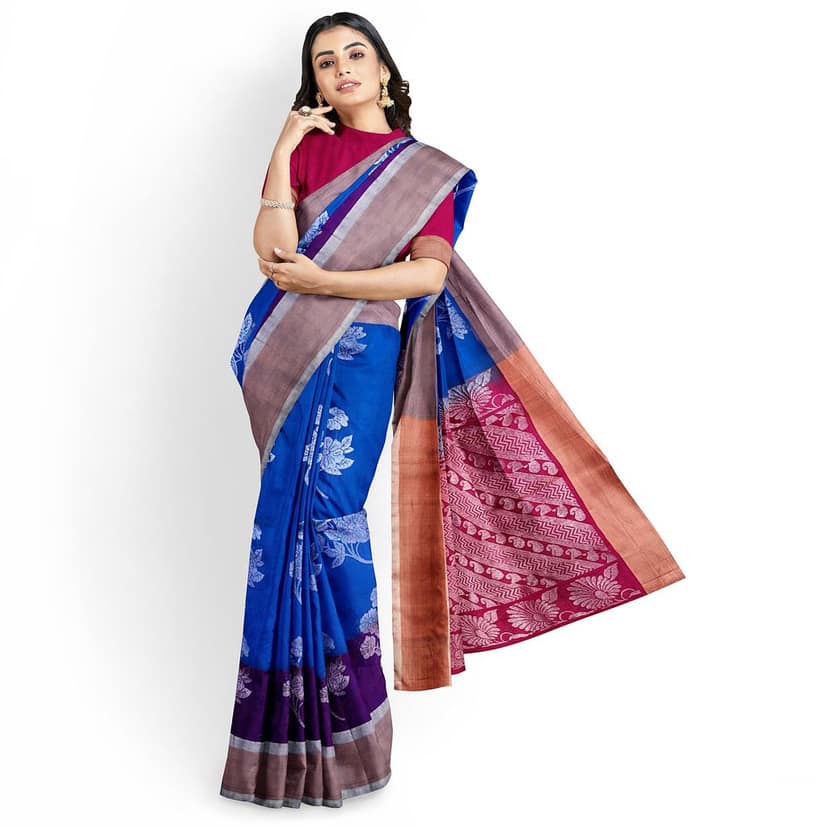 Blue Color Long Border Big Floral Butta Kanjivaram Pure Silk Saree view 4