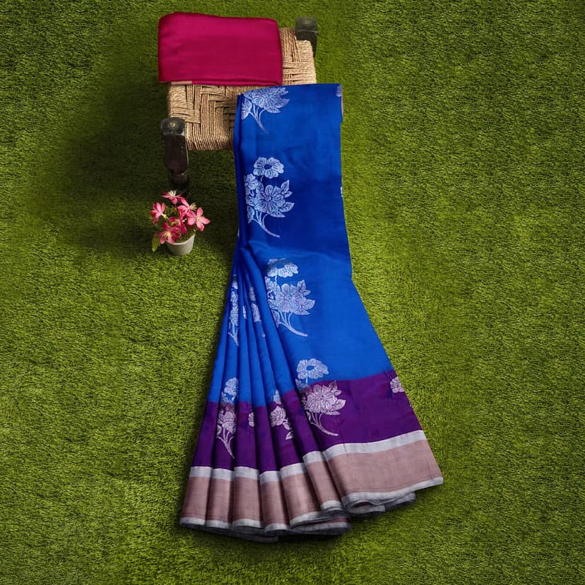 Blue Color Long Border Big Floral Butta Kanjivaram Pure Silk Saree view 5
