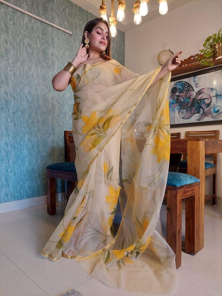 Organza Silk Saree Light Brown Color Hand Painted with running blouse-1466 view 2