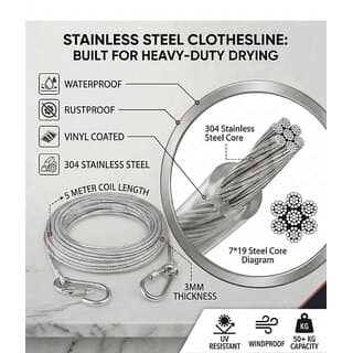 304 Stainless Steel Washing Line Wire with 2 Hooks and Wall Fitting Accessories view 9