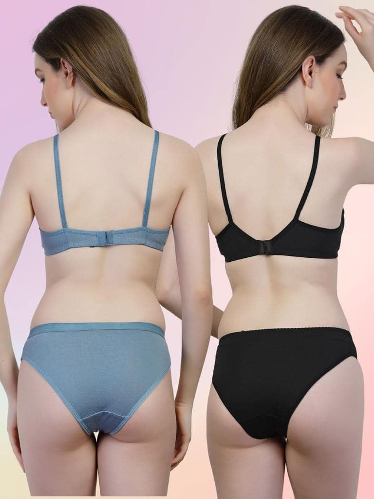adornstar Women Cotton Lingerie Set with Solid Color Design | Non Wired and Non Padded Bra with Full Coverage Hipster Panty Set | Stylish and Soft Stretchable Fabric (Pack of 2) view 3