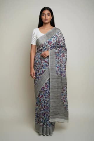 Odisha Block Print Cotton Saree Gray Floral Jaal