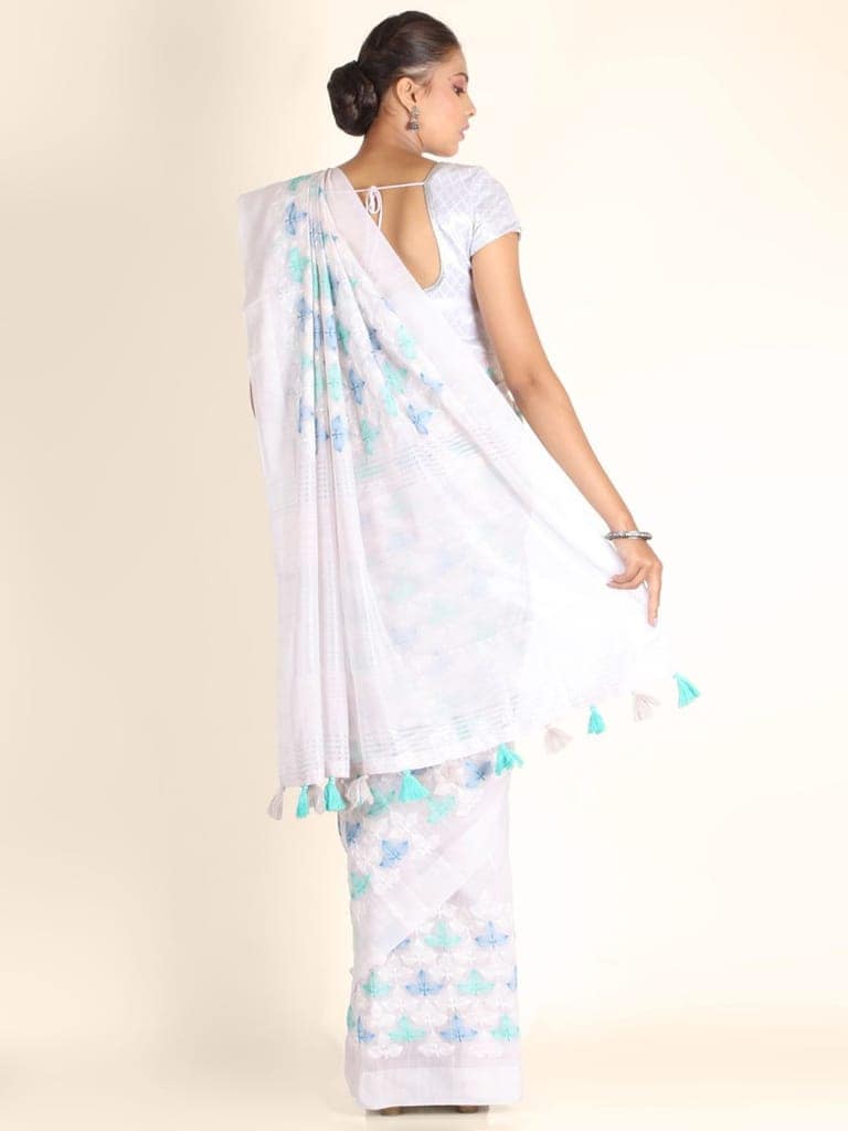 Off White Linen Saree With Flawless Work view 2