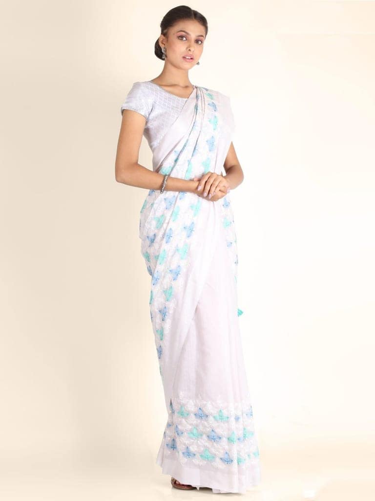 Off White Linen Saree With Flawless Work view 3