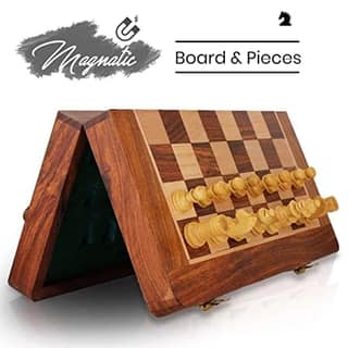 10X10 INCH SOUVNEAR Wooden Handcrafted Foldable Magnetic Chess Board Set with 32 Magnetic Pieces for 2 Players Kids and Adults (Brown Yellow)