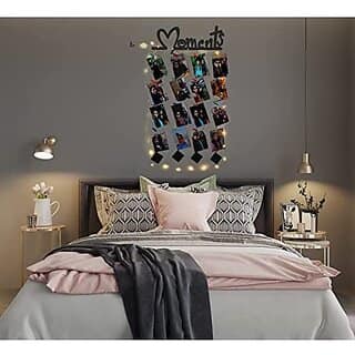 Khush Its Amazing Home Decor Wood Moments With Squre LED Light Hanging Photo Display, DIY Picture Photo Frame Collage Set Includes Multi colour Clips