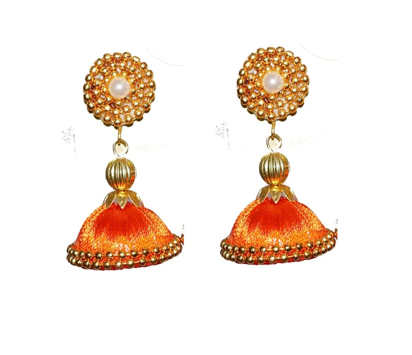 Gold Plated Studded Earrings with Orange Tassels