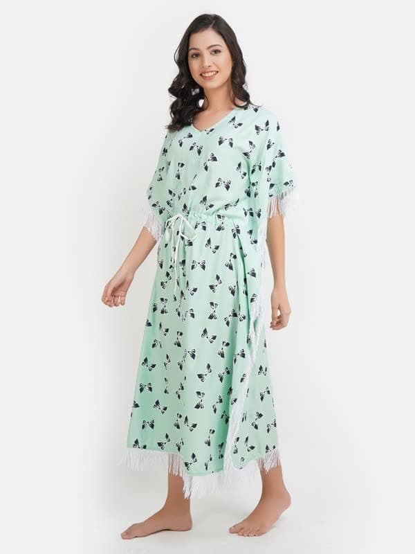 KOI SLEEPWEAR Mint Green Kaftan with Beauitful Bow- Print (L) view 2