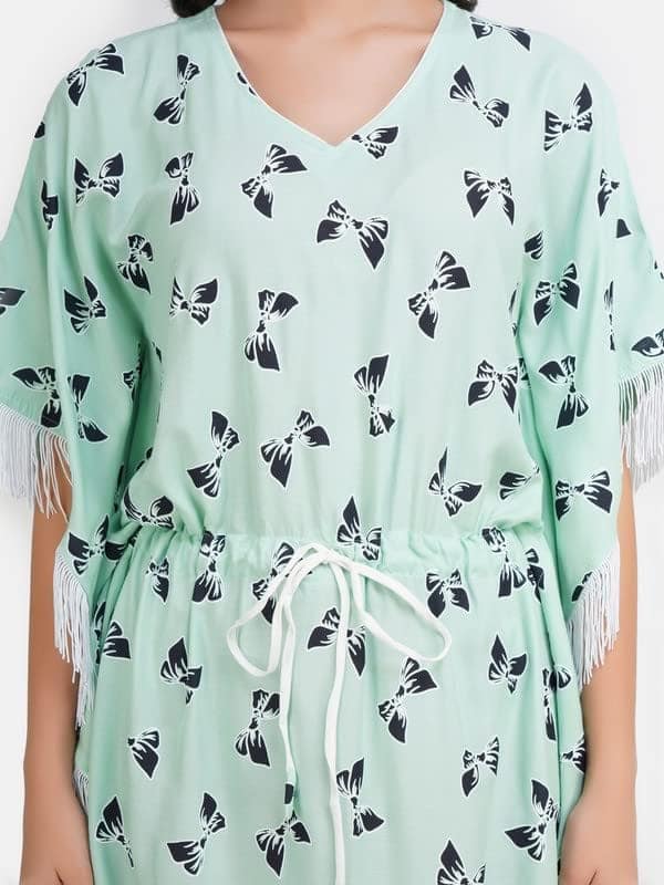 KOI SLEEPWEAR Mint Green Kaftan with Beauitful Bow- Print (L) view 4