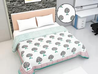 Block Printed Cotton Blanket - Double Dohar ( 90 x 108 Inches) - Red Green Tree