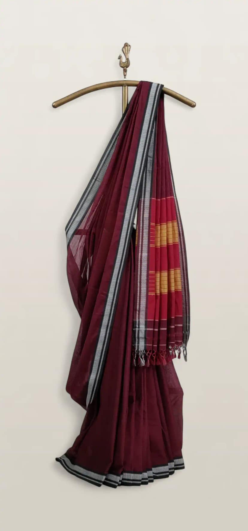 Handwoven Ilkal Cotton Saree in Maroon with Mustard Pallu Bands view 3