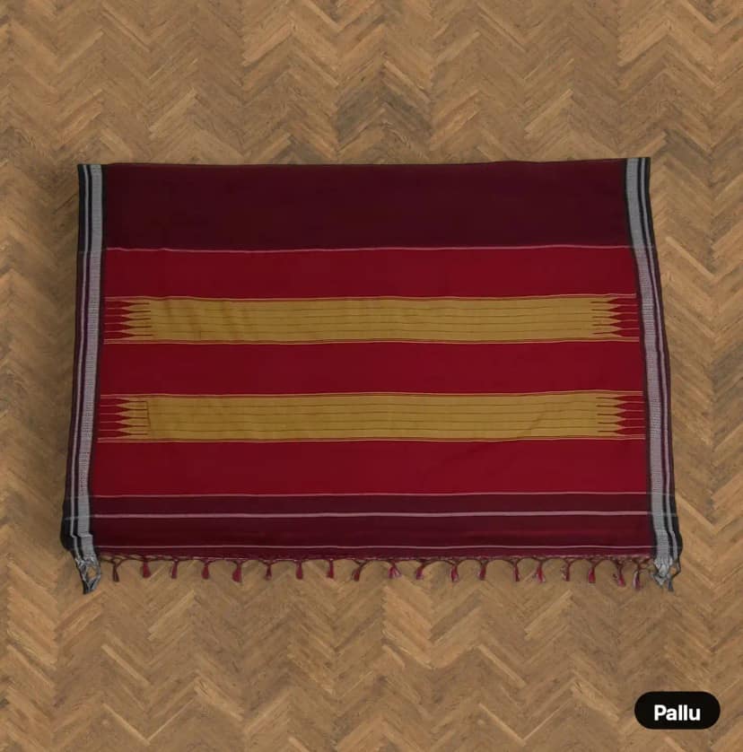 Handwoven Ilkal Cotton Saree in Maroon with Mustard Pallu Bands view 4