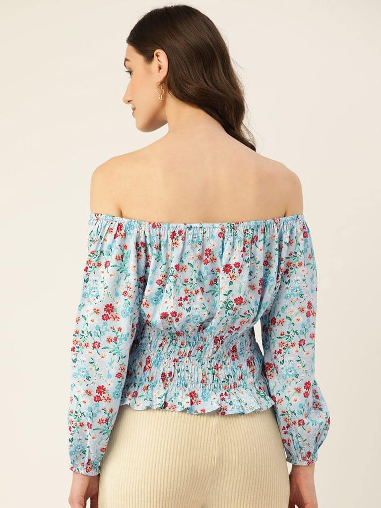 Solid Off-Shoulder Smocked Crepe Top view 7