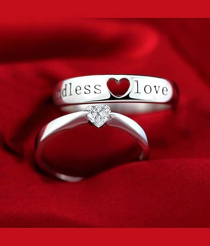 Silver Shine Silver Plated Solitaire 'Endless Love' Heart Adjustable Couple ring for Men and Women,Couple ring for Girls and Boys-2 pieces