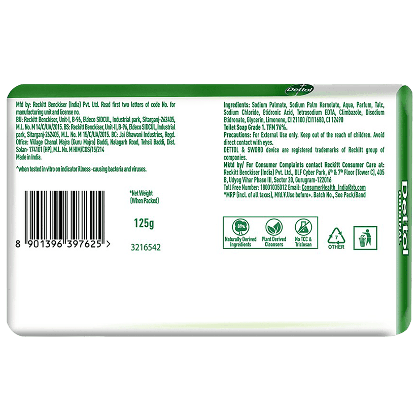Dettol Bathing Soap Bar - Original, 99.99% Germ Protection, Dermatologically Tested, 125 G view 2