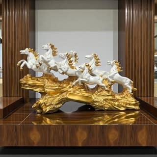 7 Running Horses Statue for Home Decor, White & Gold Resin Vastu Feng Shui Showpiece, Symbol of Prosperity,