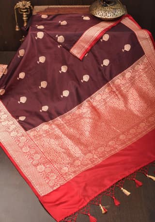 Banarasi Katan Silk Saree in Brown & Red with Damask Motifs | SILK MARK CERTIFIED