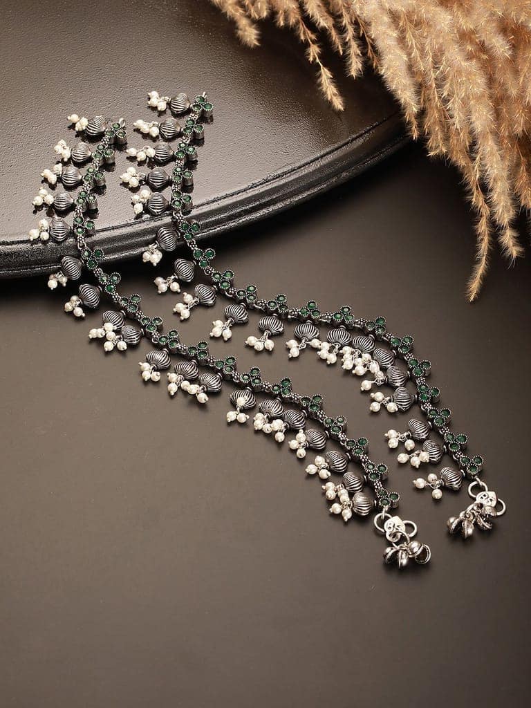 Set of 2 Silver Oxidised Green Stone Studded Flower Minimal Dailywear Anklet Payal view 3