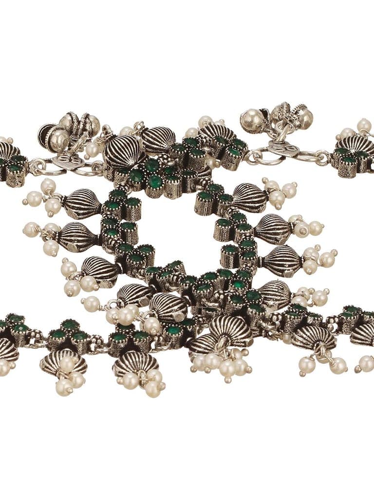 Set of 2 Silver Oxidised Green Stone Studded Flower Minimal Dailywear Anklet Payal view 4