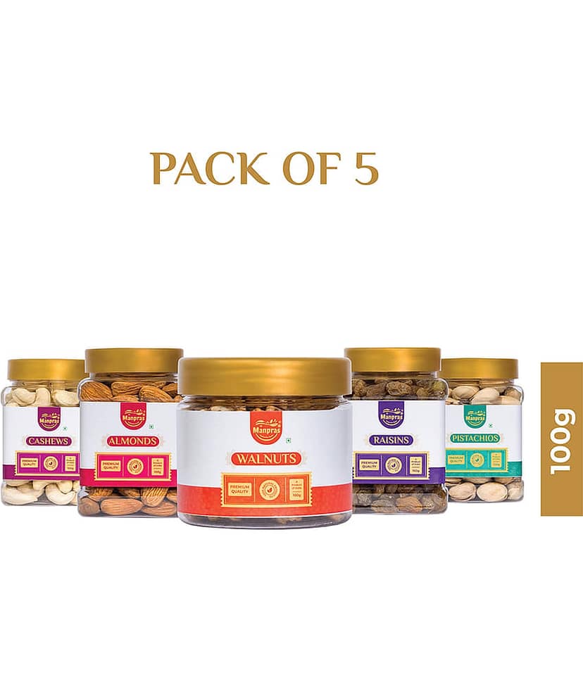 Manpras Premium Dryfruit Combo 100Gm Each- Cashew,Amond,Pistachio,Raisin,Walnut