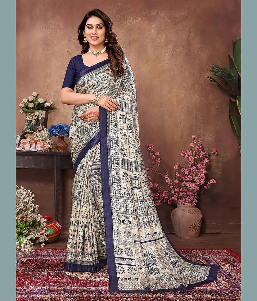 BLEESBURY Cotton Printed Saree With Unstitched Blouse Piece ( Blue )