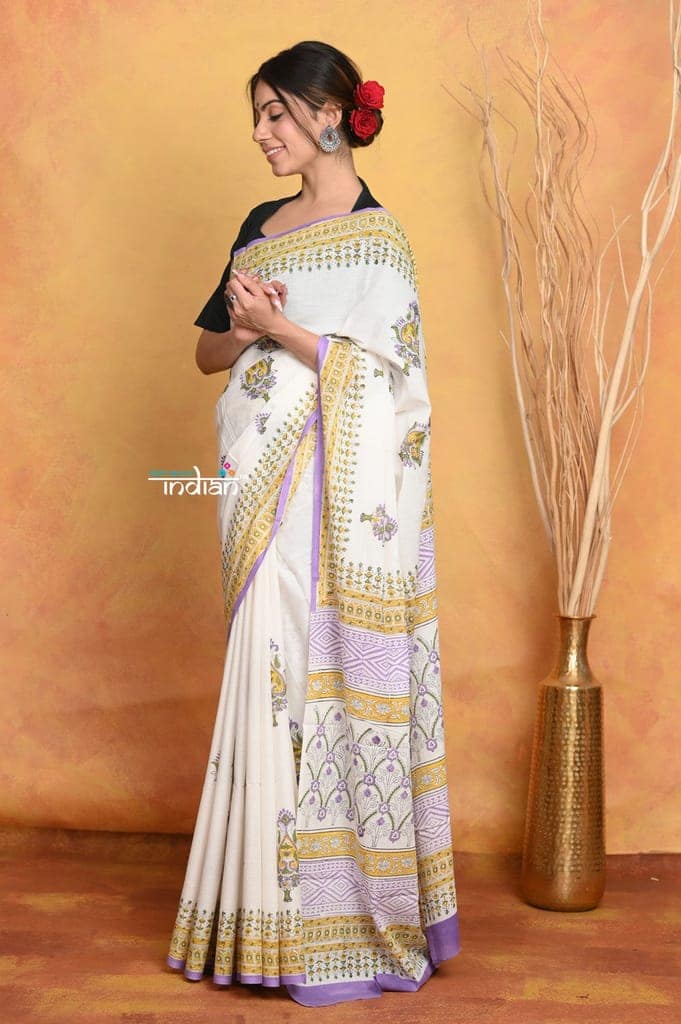 Mastaani ~ Handblock Printed Cotton Saree With Natural Dyes - White view 2