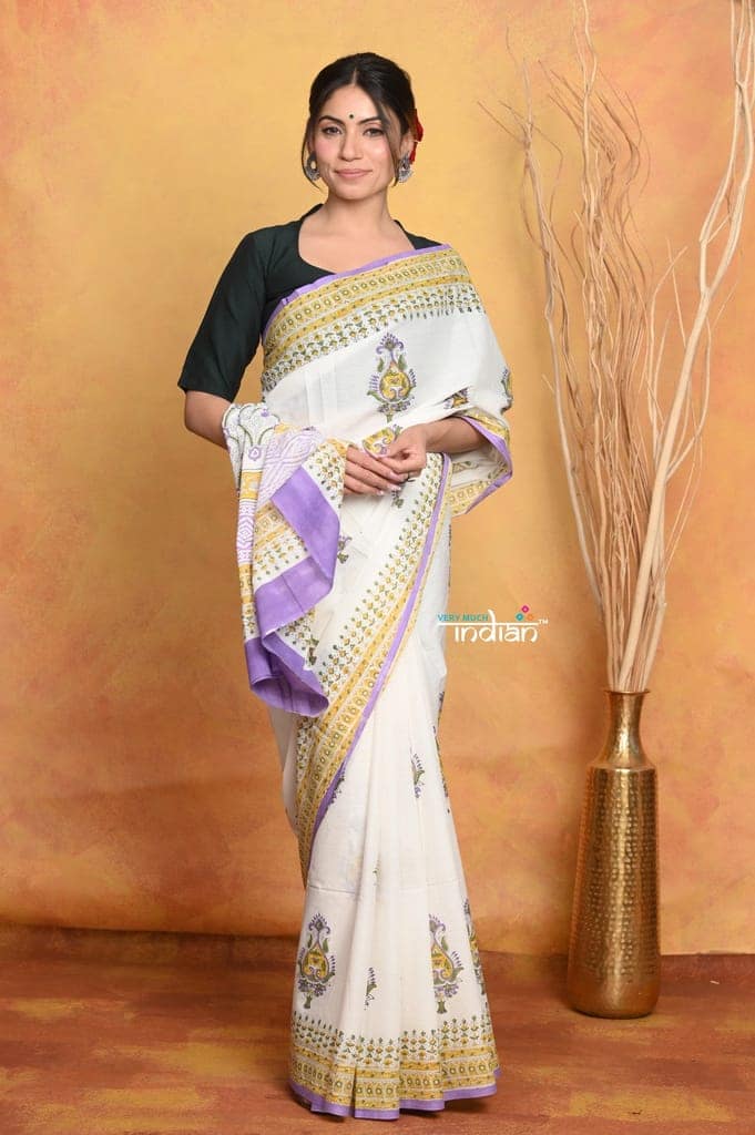 Mastaani ~ Handblock Printed Cotton Saree With Natural Dyes - White view 3