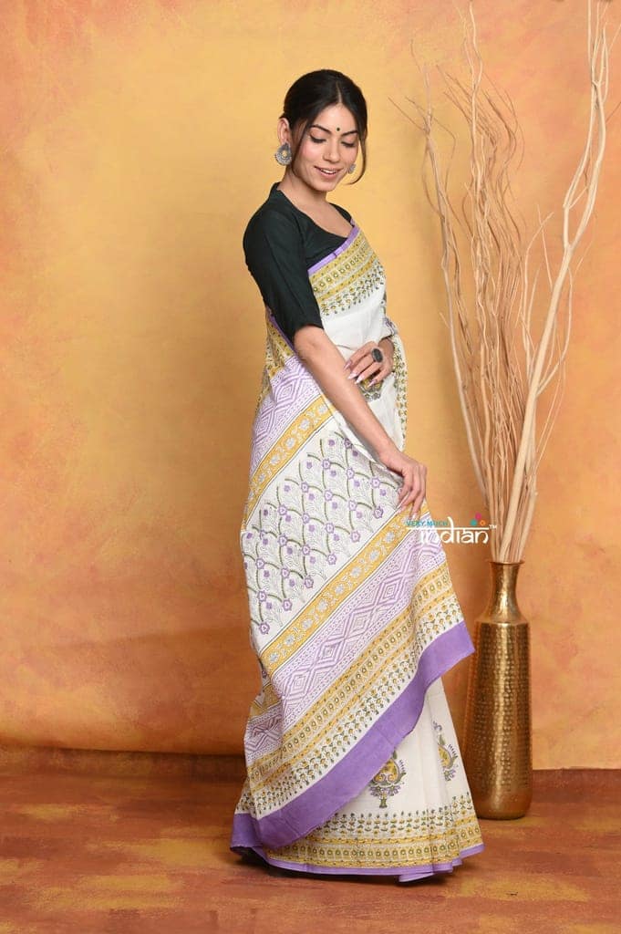 Mastaani ~ Handblock Printed Cotton Saree With Natural Dyes - White view 4