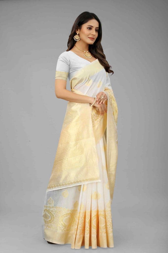 Women's Pearl White Kanjiwaram Art Silk Saree With Unstiched Blouse Piece view 3